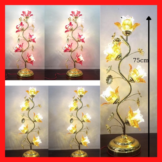 2 Cây Đèn Thờ Hoa Sen 5 Bông Thủy Tinh Pha Lê Cao Cấp 75 Cm-đèn để ban thờ đẹp,giá rẻ-bảo hành 124 tháng