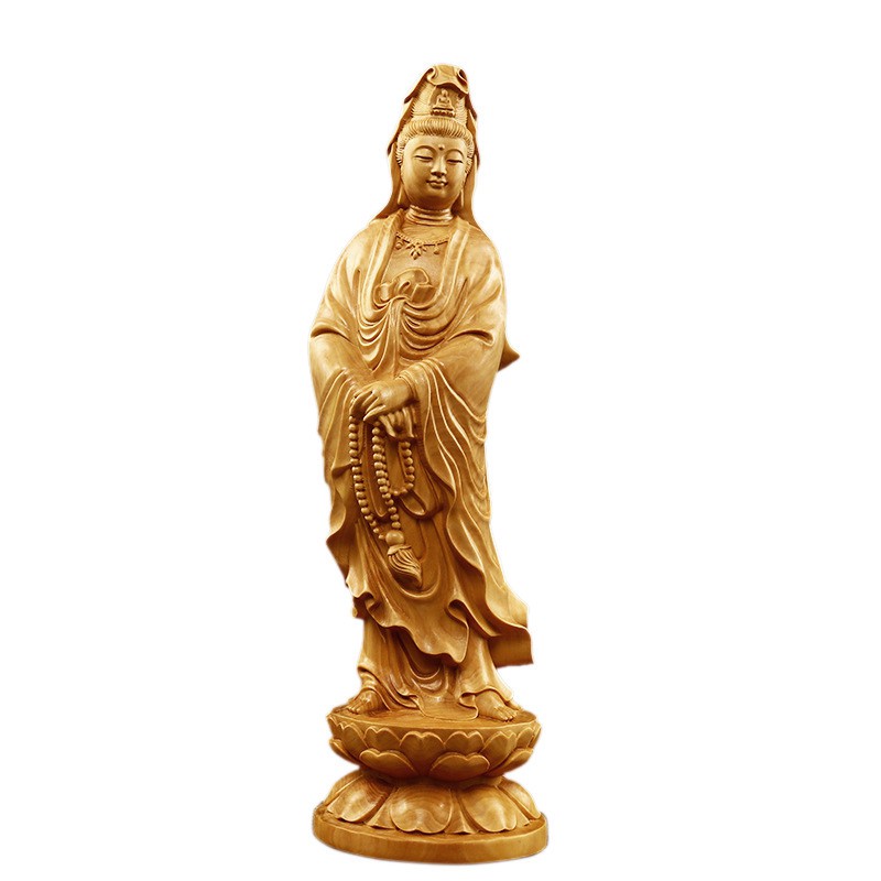 Tượng Phật Quan Âm đứng đài sen bằng gỗ Hoàng Dương MSPC012