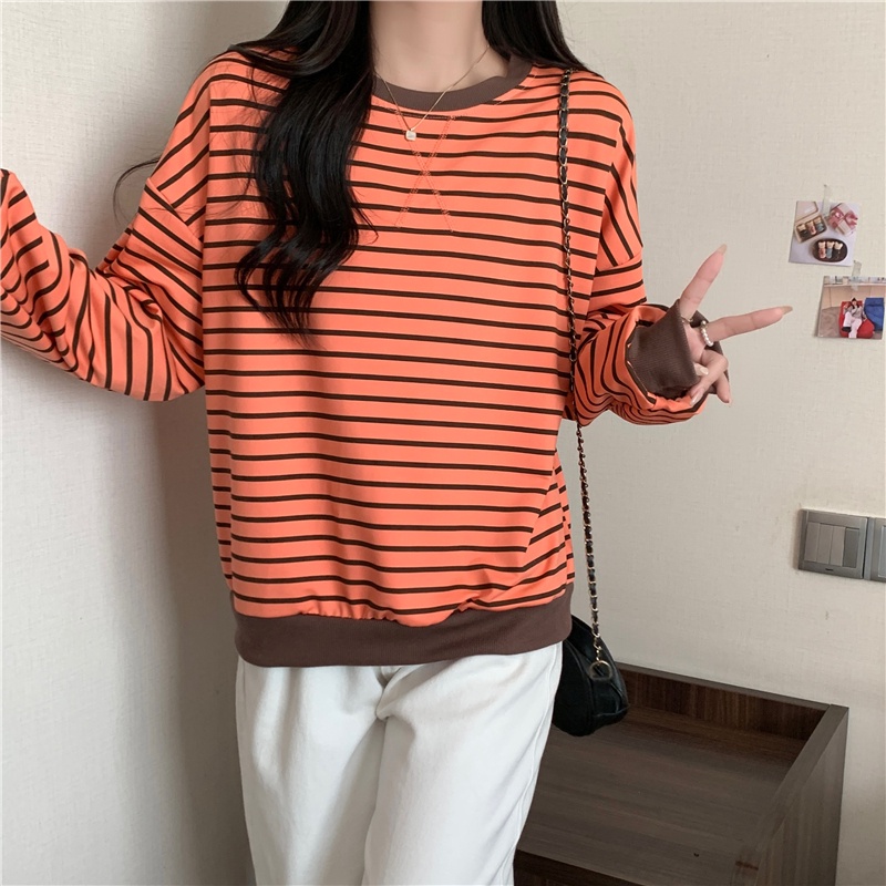 Áo Thun Lửng Dài Tay Cổ Tròn Sọc Ngang Thời Trang Mùa Thu Hàn Quốc Mới