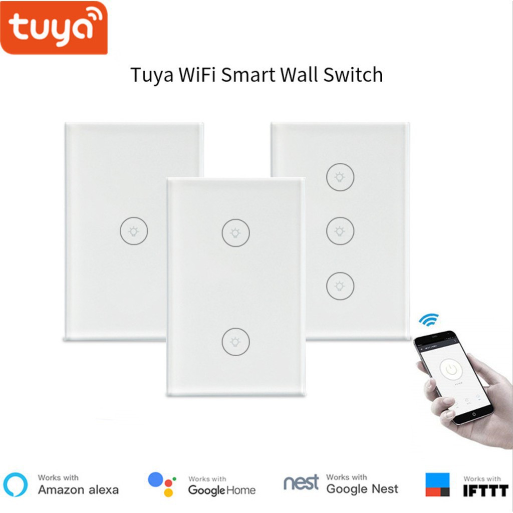 Công Tắc Cảm Ứng TUYA 3 Nút WIFI  Hình Chữ Nhật Mặt Kiếng Ứng Dụng Smart Life hoặc Tuya.