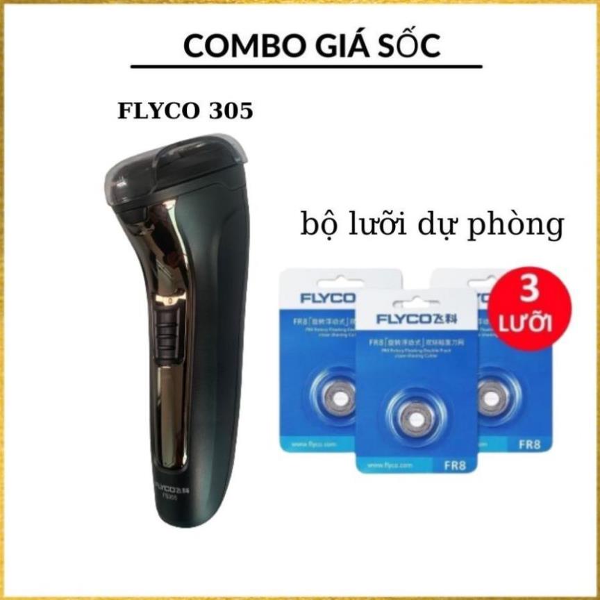 Combo Máy Cạo Râu FLYCO FS305 và Bộ Ba Lưỡi Dự Phòng R8 (HUY MÁY CẠO RÂU)