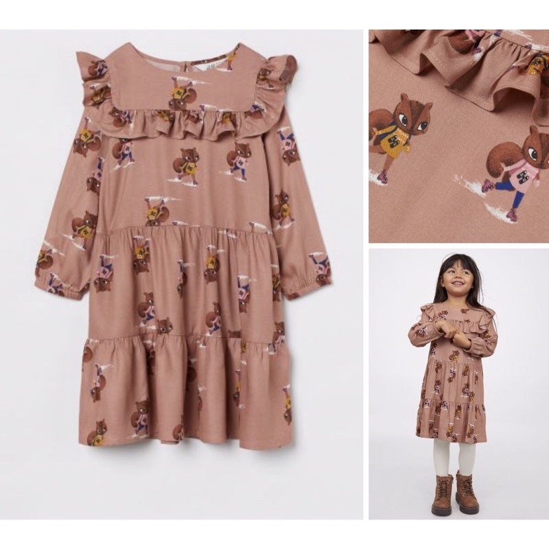 Váy dài tay, cổ bèo điệu hoạ tiết thú xinh xắn săn sale Us/ Uk sẵn sz 4-5y