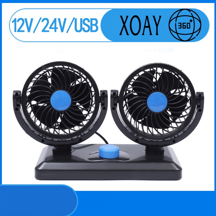 Quạt máy đôi mini 12v, 24v xoay 360 tiện ích trên ô tô, xe hơi cao cấp