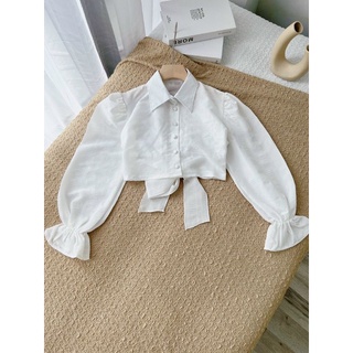 Áo crop sơ mi nhún tay phồng dài cột nơ lưng