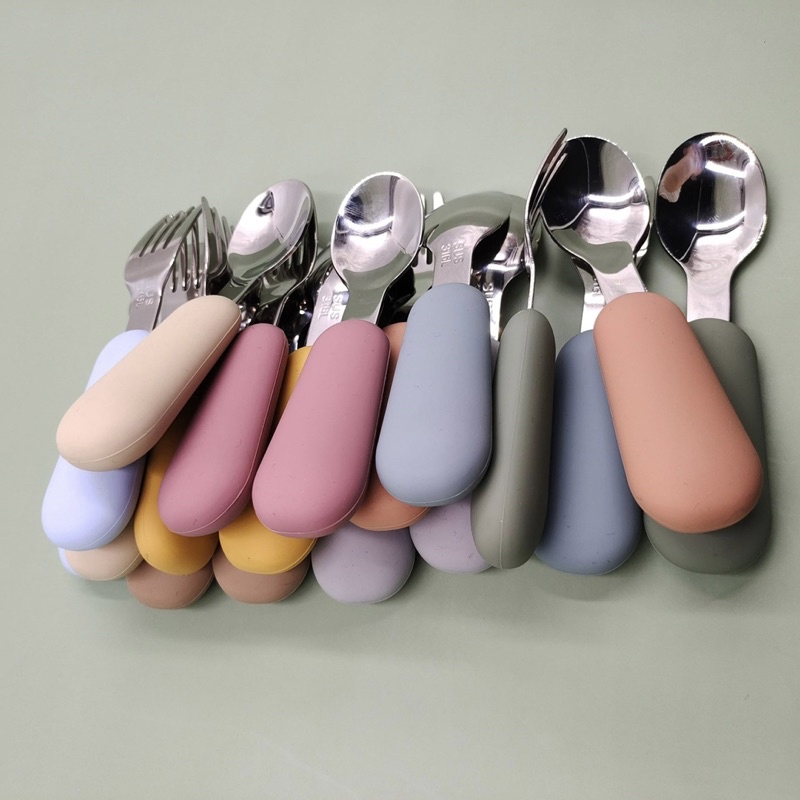 Thìa dĩa ăn dặm cho bé chất liệu inox cán cầm silicon không chứa BPA an toàn