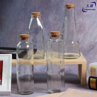 Combo 4 chai thủy tinh 350ml lục giác, tròn, nón, vuông nút gỗ , 4 chai thủy tinh đựng nước detox, nước trái cây