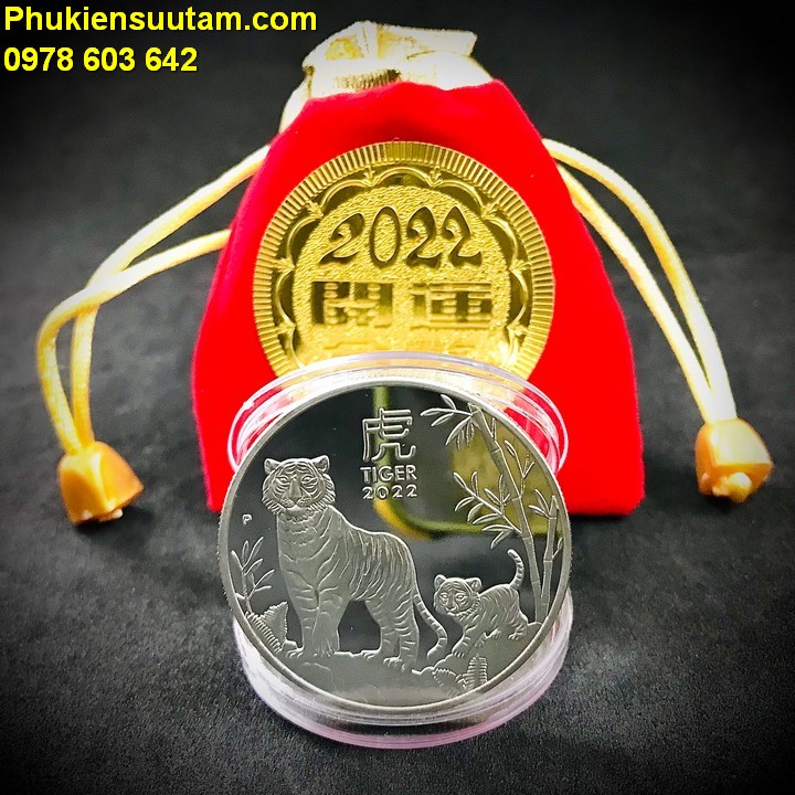 Xu Úc Hình Con Hổ Mạ Bạc tặng túi gấm 2022; Có hình 2 mẹ con nhà Cọp đang dạo chơi cùng nhau trong rừng trúc- SP005411