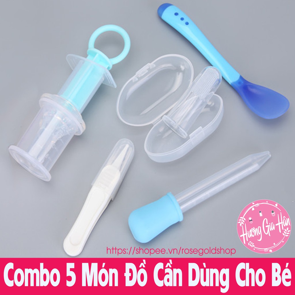 Combo 5 Món Xilanh Uống Sữa, Thuốc, Rơ Lưỡi Silicon, Thìa Báo Nóng, Nhíp Gắp Ráy Tai, Ống Đo ML