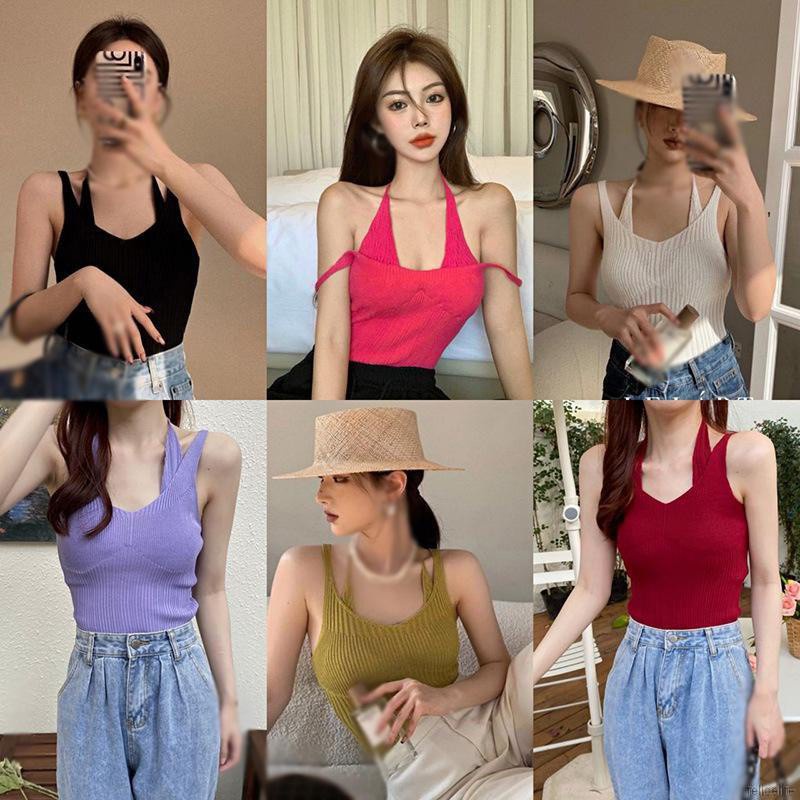 Áo Dệt Kim Hai Dây Màu Trơn Dáng Ôm Gợi Cảm Cho Nữ