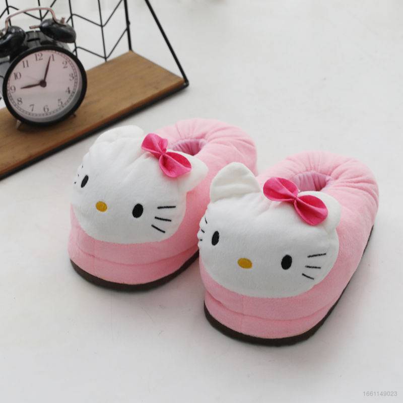 Dép Nhung Mềm Mại Mũi Tròn Hoạ Tiết Hello Kitty Màu Hồng / Đỏ Dễ Thương Xinh Xắn