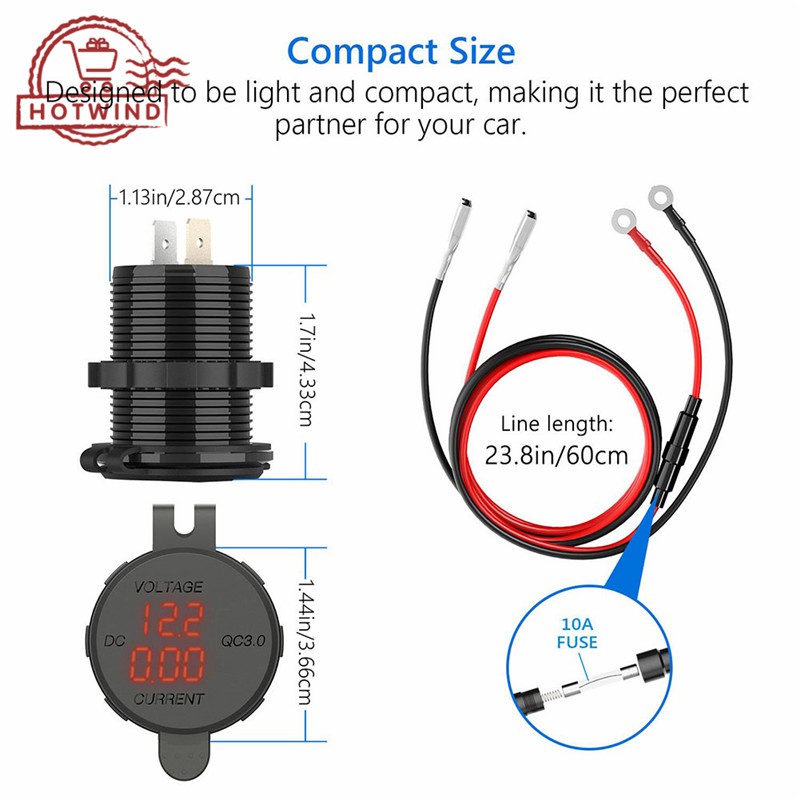 HW Củ sạc QC USB 3.0 kèm chức năng vôn kế chất lượng cao cao cho xe máy và ô tô