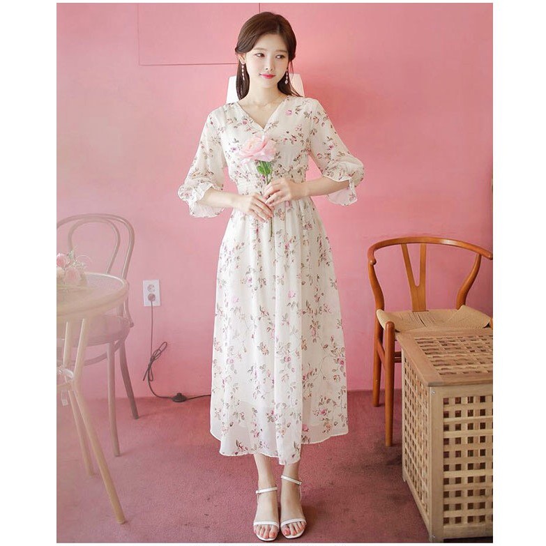 Đầm vintage hoa nhí dáng xòe cổ V chất vải chiffon đẹp - SKA