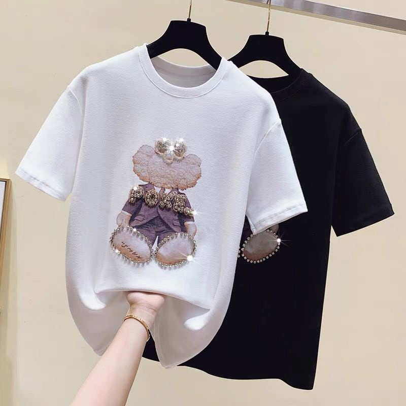 Cotton short-sleeved t-shirt women's foreign style 2022 summer new Korean version loose beaded diamond fashion top trendy ins