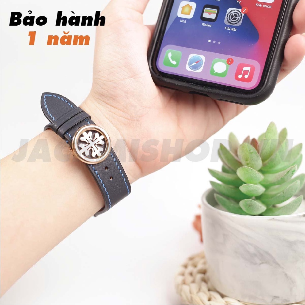 [DÂY DA THẬT] DÂY DA BÊ SWIFT MAY TAY THỦ CÔNG MÀU NAVY CHỈ XANH KHÓA PATEK CHO APPLE WATCH SERIES 1=&gt;6 (BẢO HÀNH 1 NĂM)