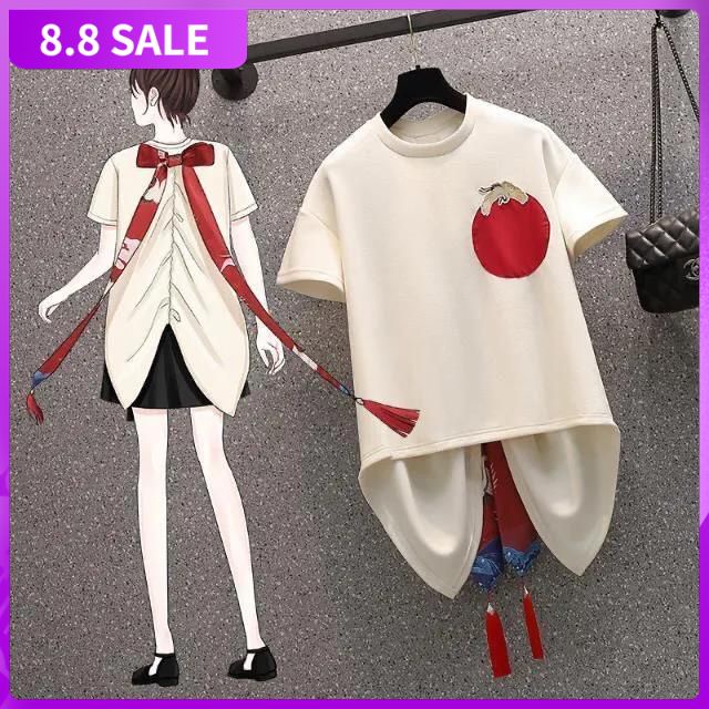 Áo thun tay ngắn dáng rộng đính nơ phong cách Trung Hoa độc đáo cổ điển