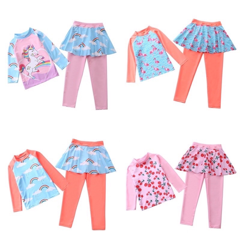 Đồ bơi bé gái dài tay quần váy dài pony hồng cầu vồng cực dễ thương