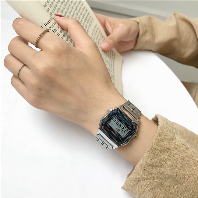 Đồng hồ điện tử thể thao nam nữ WR dây thép sang trọng, có báo thức, đèn ban đêm, kháng nước DHT4