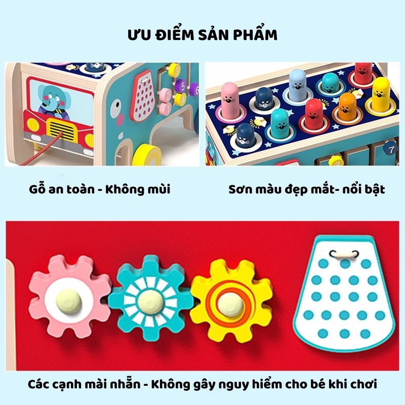 Đồ Chơi Đập Chuột AIQ Store bằng gỗ, Đồ chơi 3 in 1 đập chuột kèm đàn kết hợp xoay bánh răng cho bé phát triển trí tuệ