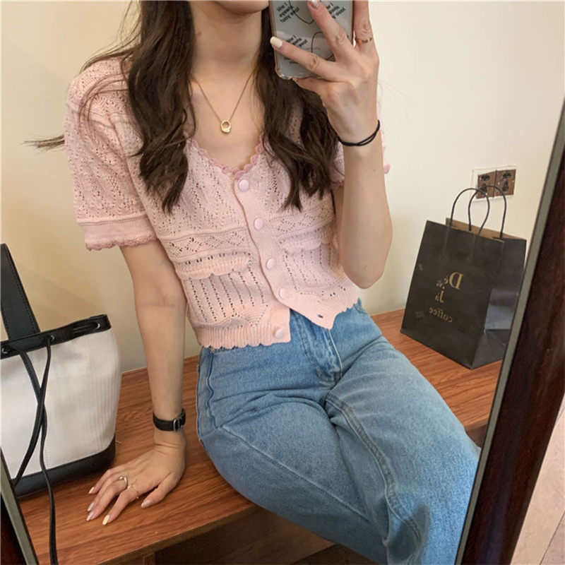 Áo Khoác Cardigan Dệt Kim Mỏng Dáng Rộng Tay Ngắn Cổ Chữ V Màu Sắc Tương Phản Thời Trang Cho Nữ
