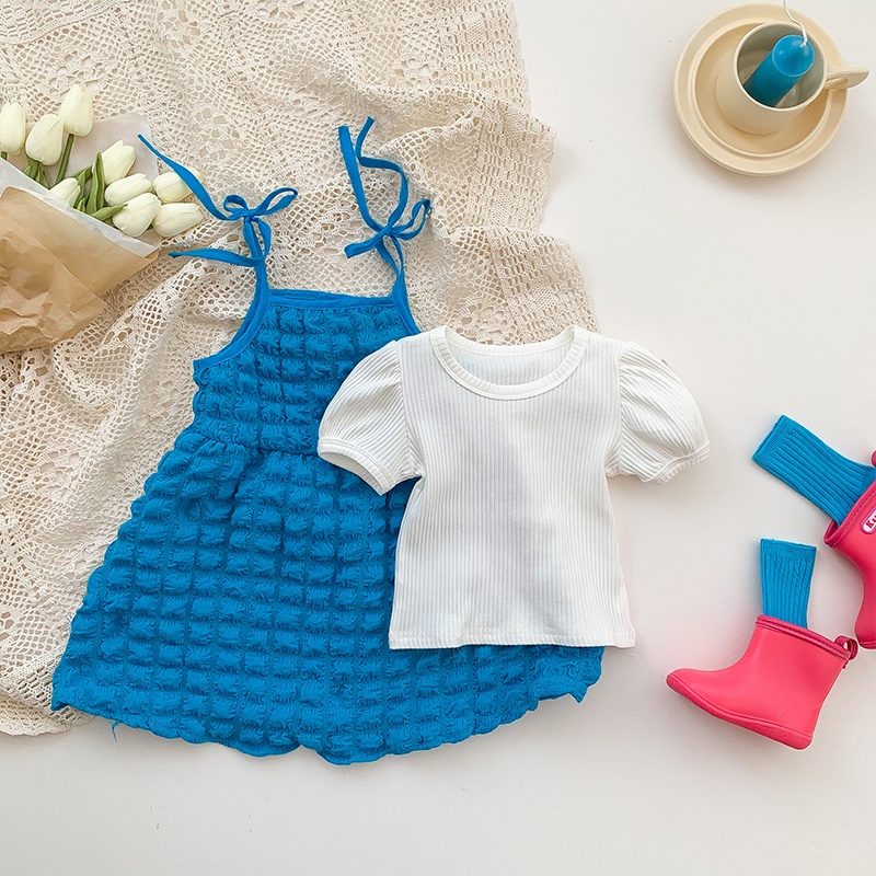 Set Áo Thun Ngắn Tay + Đầm Hai Dây Họa Tiết Caro Thời Trang Mùa Hè Cho Bé Gái 1 Tuổi