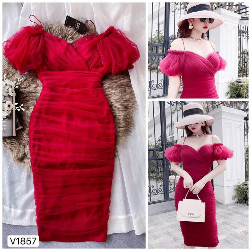 [VÁY ĐI TIỆC CAO CẤP] Váy body đỏ đầm dáng ôm trễ vai | BigBuy360 - bigbuy360.vn