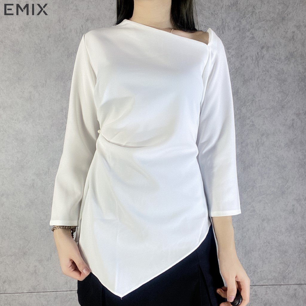 Áo lệch vai vạt chéo EMIX (màu trắng), dài tay, vạt lệch cá tính, chất thun dẻo mềm mịn, ôm eo tôn dáng a69