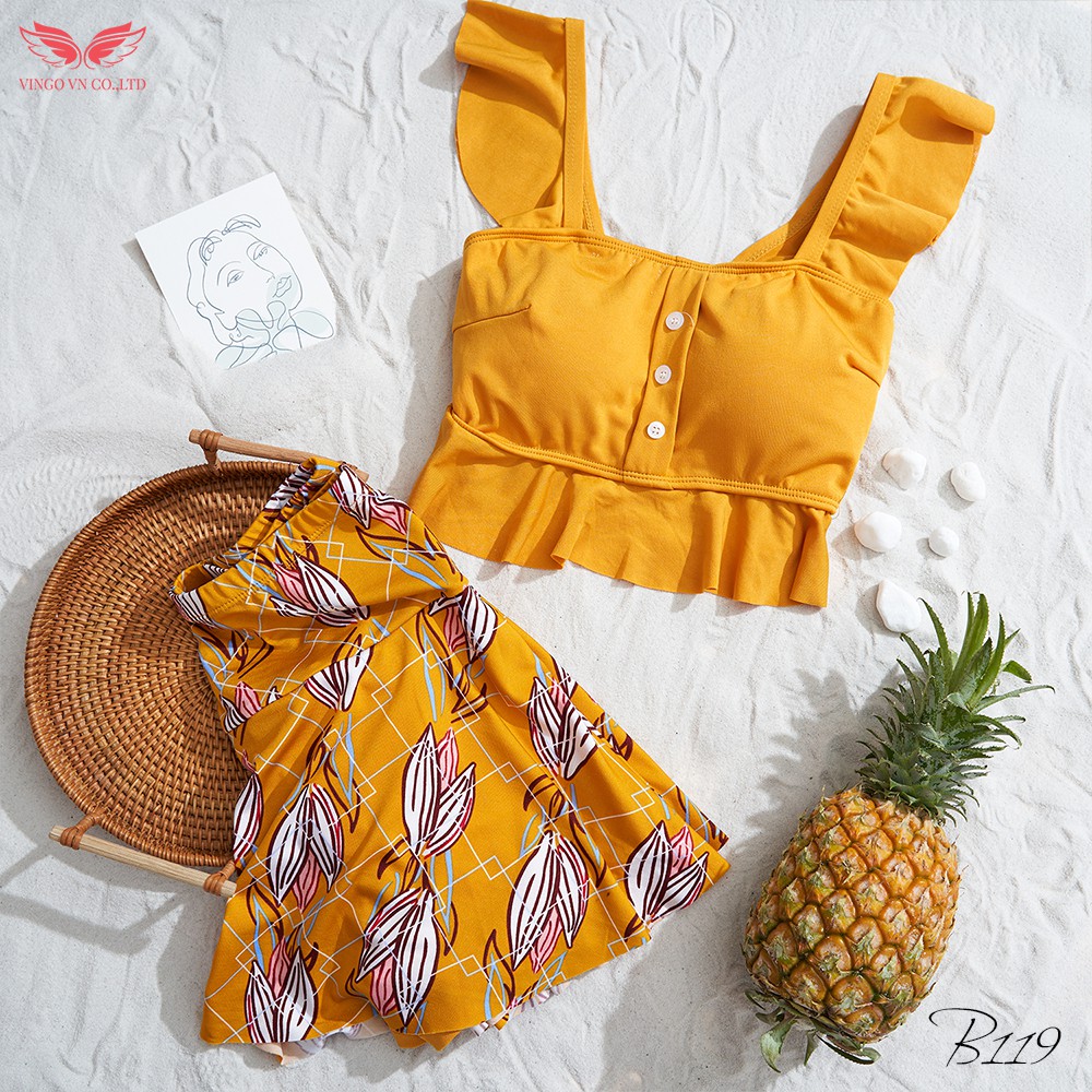 Đồ bơi Bikini nữ 2 mảnh đi biển mùa Hè VINGO áo croptop tay bèo có mút nực và váy xòe cạp cao che bụng kín đáo B119 VNGO