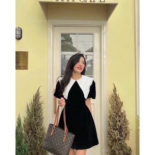 Đầm nhung đen phối cổ nhọn trắng (Freesize)
