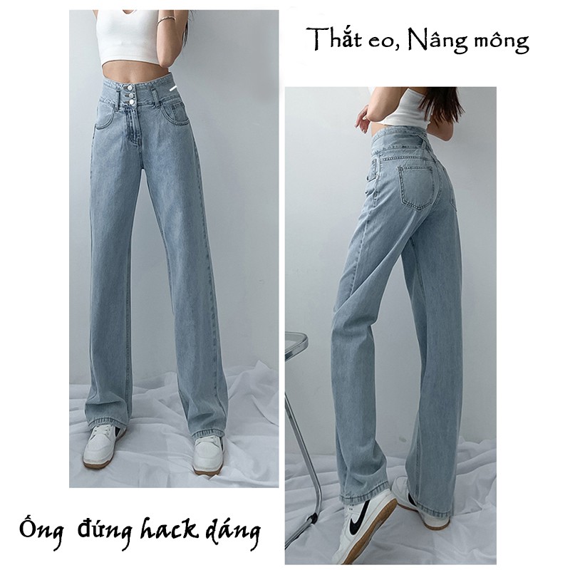 Quần Jean Nữ Cạp 3 Cúc Màu Xanh Bạc Lưng Cao Ống Suông Dài Phom Rộng Phong Cách Hàn Quốc Chất Vải Co Dãn Cao Cấp Loại 1 | BigBuy360 - bigbuy360.vn