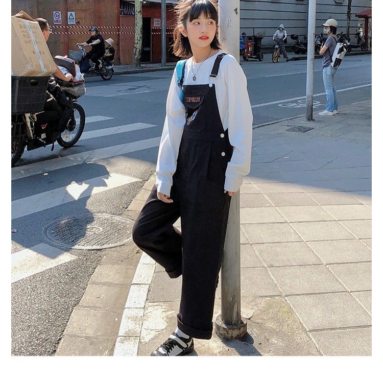 Quần Yếm Denim Lưng Cao Ống Rộng Thêu Họa Tiết Màu Đen Thời Trang Xuân Thu Cho Nữ