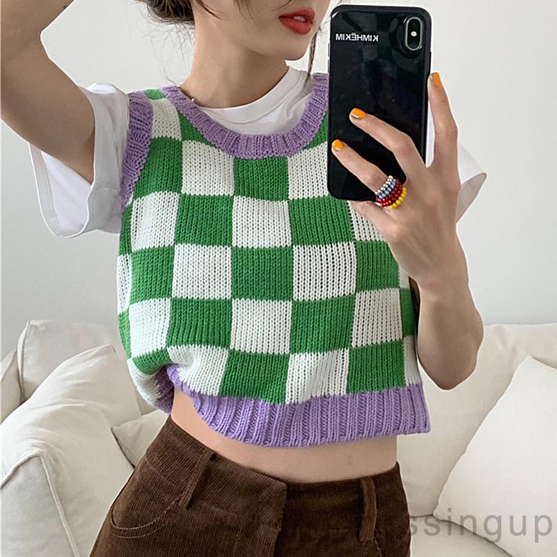 Áo Len Không Tay Họa Tiết Sọc Caro Màu Sắc Thời Trang Mùa Thu