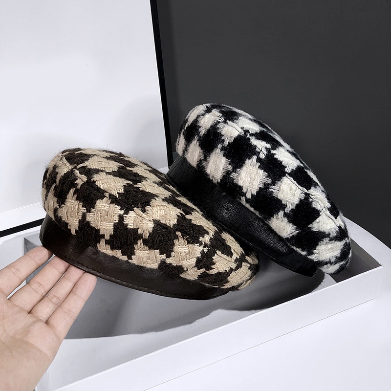 Fashionable autumn and winter style knitted berets with leather for women