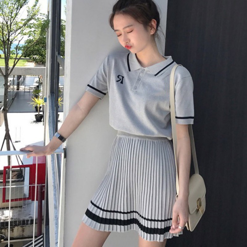 Set áo thun ngắn tay cổ bẻ + chân váy đáng yêu cho nữ