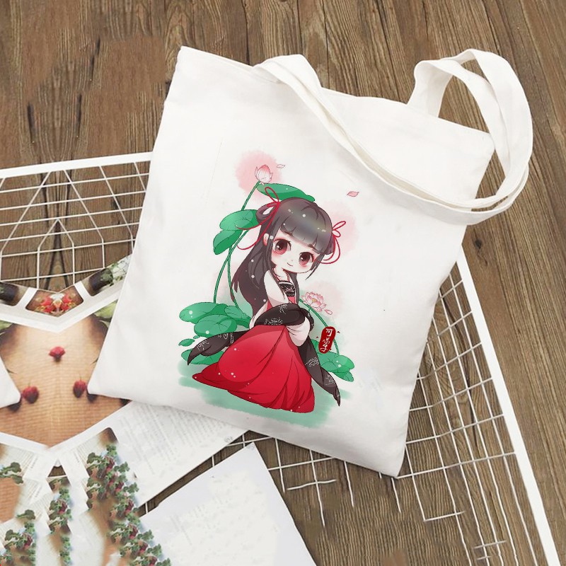 Túi Tote Vải Canvas đeo vai in hình CHIBI CỔ TRANG Hàn Quốc Có Khóa Miệng Túi + TÚI CON