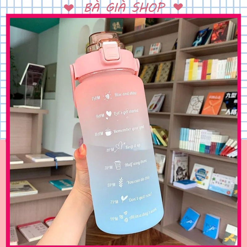 Bình Nước 2 Lít Có Vạch Kẻ Chia ML Cho Mỗi Ngày Kèm Ống Hút Tiện Lợi