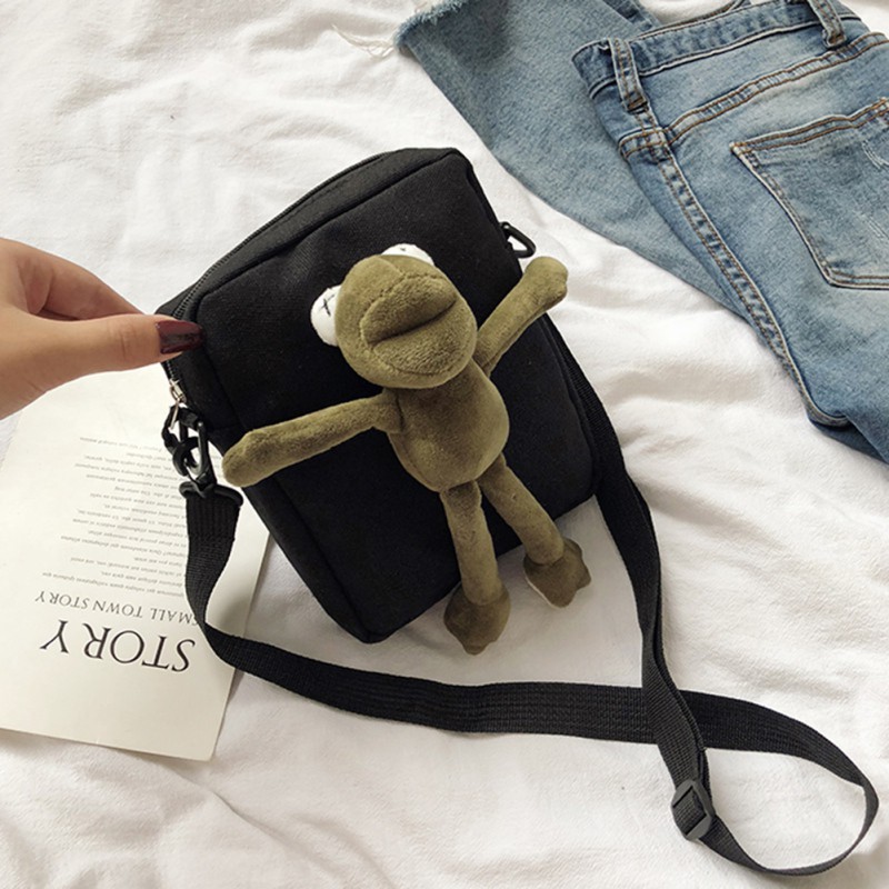 Túi vải đeo chéo phong cách Nhật Bản đính chú ếch hoạt hình xinh xắn cho nữ