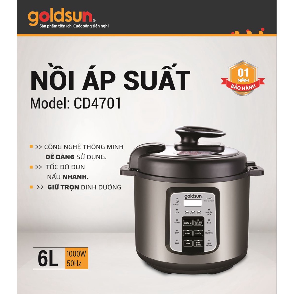 Nồi áp suất  GOLDSUN , NỒI ÁP SUẤT ĐIỆN ĐA NĂNG 6L công suất 1000W bảo hành 12 tháng, đổi trả miễn phí 07 ngày 10101180