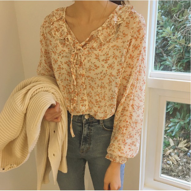 SUXI Áo Sơ Mi Chiffon Tay Dài Phối Bèo Họa Tiết Hoa Phong Cách Hàn Quốc