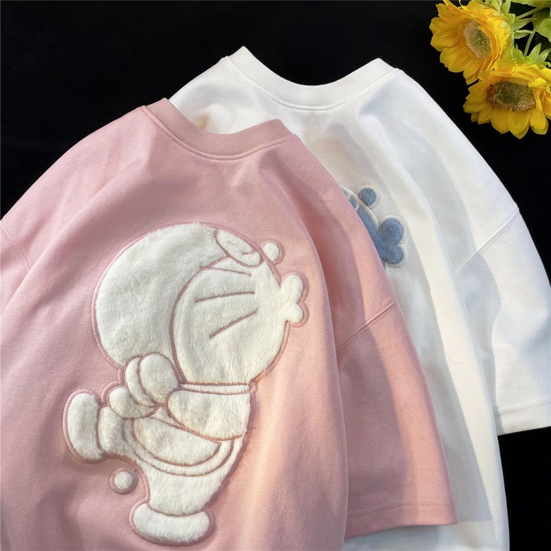 Áo Thun Tay Ngắn Dáng Rộng In Hình Doraemon Phong Cách Âu Mỹ Thời Trang Mùa Hè Cho Nữ