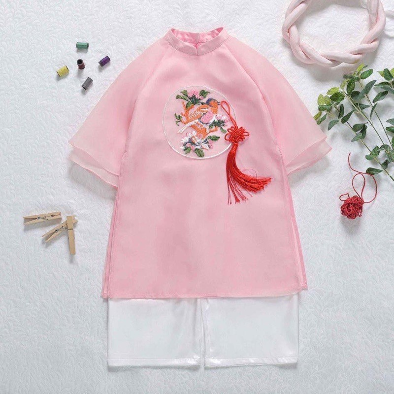 Áo dài organza bé gái màu hồng