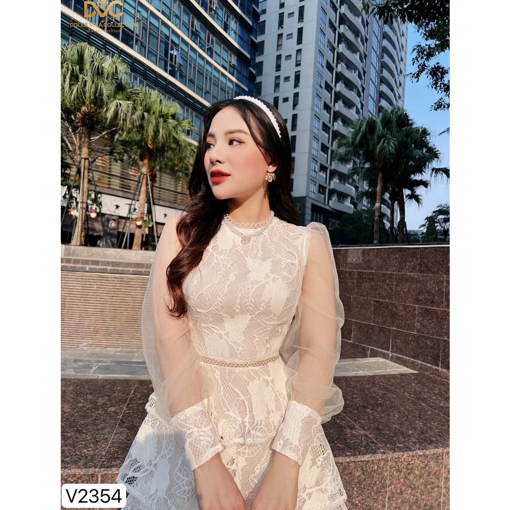 V2354 - Váy ren be xếp tầng tay phối lưới