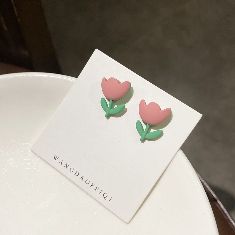 Bông Tai Mạ Bạc 925 Hình Hoa Tulip Hồng Dễ Thương Cho Nữ