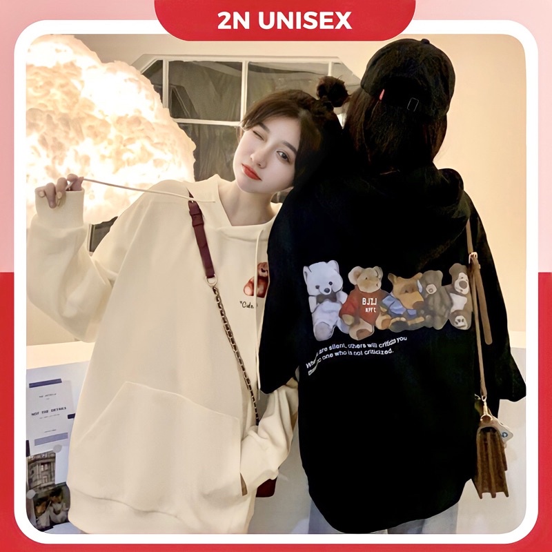 Áo hoodie nam nữ form rộng 2N Unisex nỉ bông 5 gấu bông màu đen/be