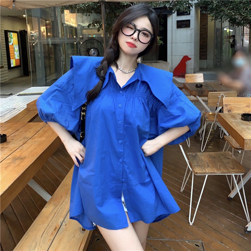 Đầm Sơ Mi Cổ Búp Bê Tay Phồng Dáng Rộng Thời Trang Mùa Hè Cho Nữ
