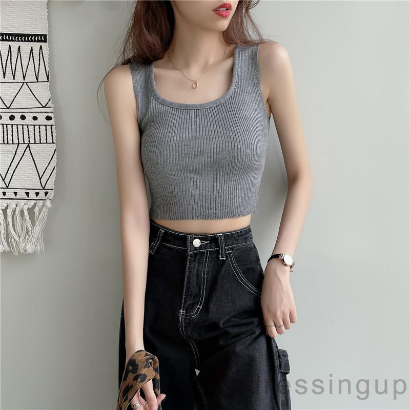 Áo croptop dệt kim không tay màu sắc tùy chọn đơn giản cho nữ