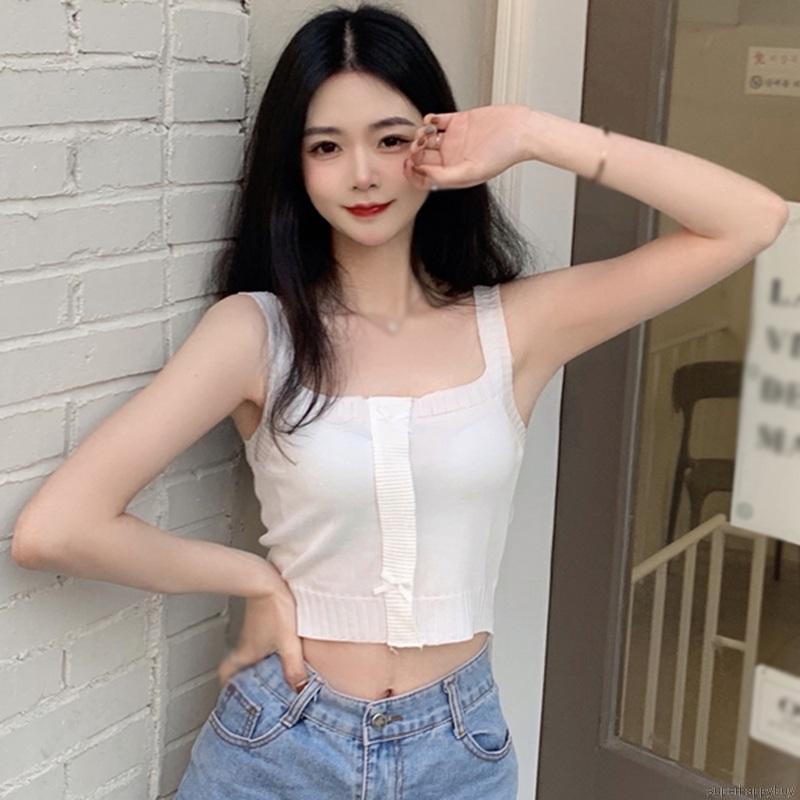 Áo Tank Top Dệt Kim Màu Trơn Thiết Kế Ngọt Ngào Cho Nữ
