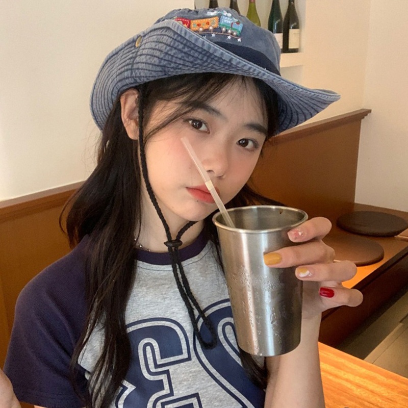 Mũ Cao Bồi Denim Mùa Hè Thêu Họa Tiết Có Dây Cho Thanh Thiếu Niên Phong Cách Hip Hop