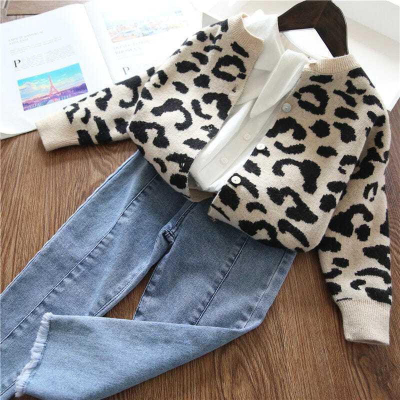 Áo Khoác Cardigan Dệt Kim In Họa Tiết Da Báo Thời Trang Xuân Thu Cho Bé Gái