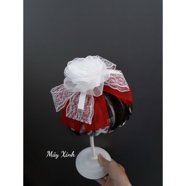 Cài tóc nơ đỏ phối ren đính hoa voan xinh cho bé- không kèm tóc