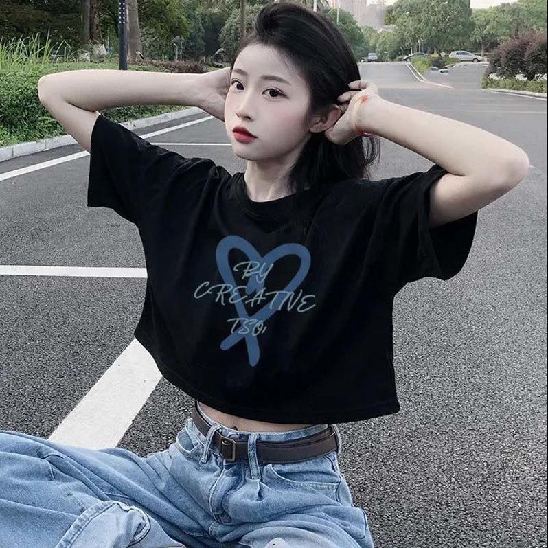 Phụ nữ t-shirt mới nhất croptop thời trang áo t-shirt ngắn nữ american hot girl thắt lưng cao tay ngắn rốn ins all-match thời trang hàng đầu